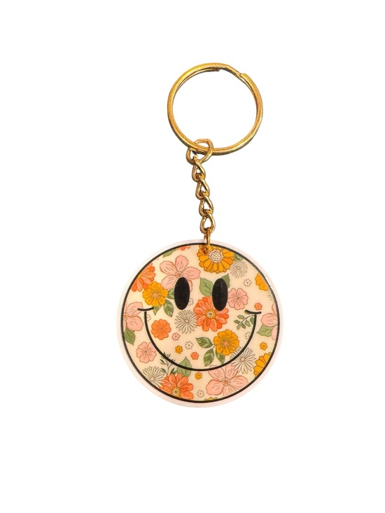 Accessories - Floral Smiley Face Keychain - Gold Hardware